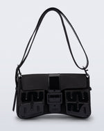Front view of a black Cargo bag with two small pockets on the front and an adjustable strap