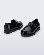 Back and angled view of a pair of black Royal Love baby loafers