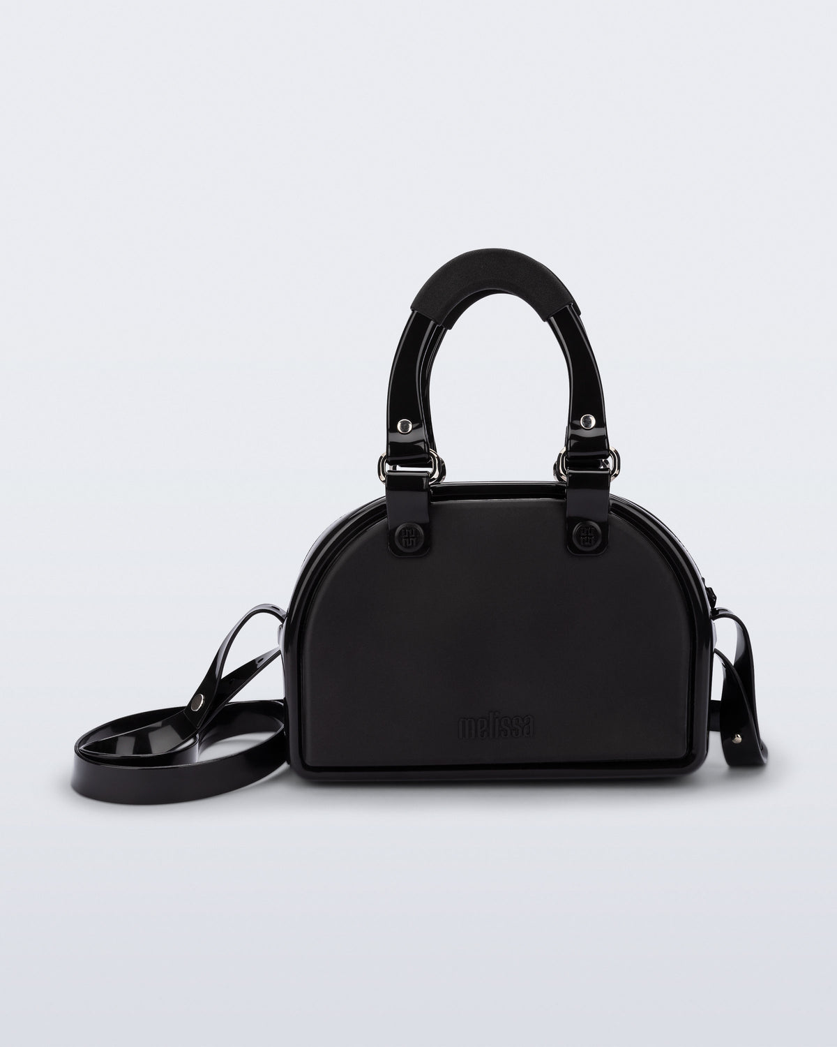 Front view of a black Bowling bag with handle strap and cross body strap