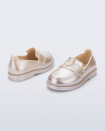Back and angled view of a pair of metallic beige Royal Love baby loafers