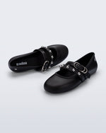 Top and angled view of a pair of black Soft Ballerina Studs flats with silver embellishments