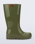 Side view of an army green Welly rain boot