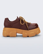 Side view of a brown Camp platform Sneaker with yellow laces and sole