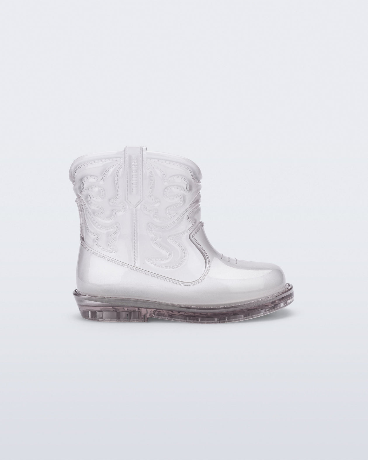 Side view of a clear Texas baby boot