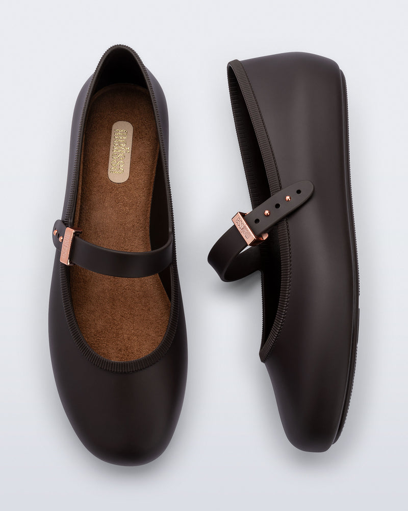 Top and side view of a pair of brown Soft Ballerina flats with top strap and rose gold buckle