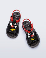 Top view of a pair of black Play Mickey & Minnie sandals with red straps
