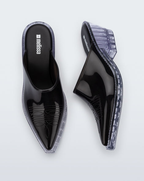 Side and top view of a pair of black with clear heel Texas Mule heels