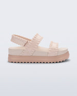 Side view of a beige Dune Platform Sandal with faux stitching on the straps