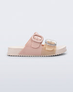 Side view of a pink/beige Cozy kids slide with two buckles