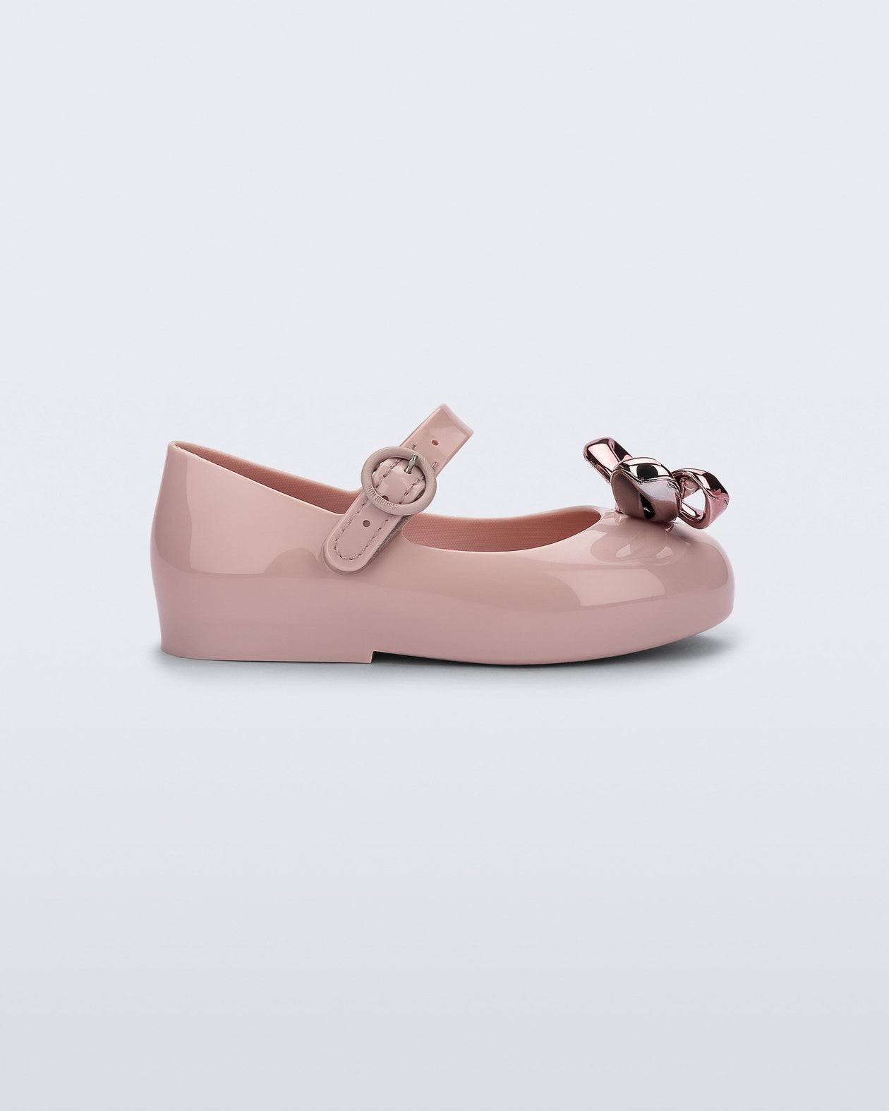 Side view of a pink Sweet Love Glam baby ballerina with bow