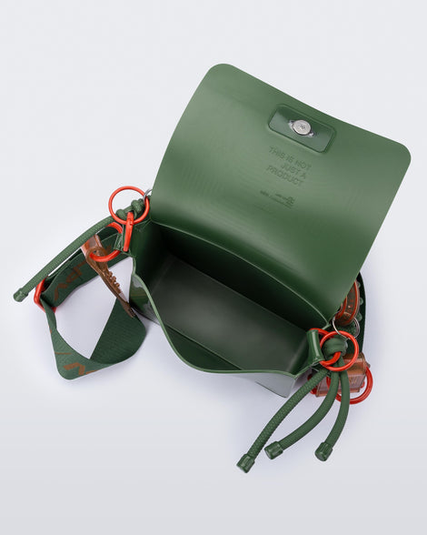 Top view of an dark green Olga Bag + Alexandre Pavao with short strap fabric long strap