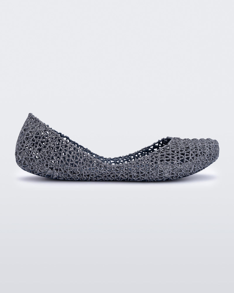 Side view of a blue/glitter Campana flat