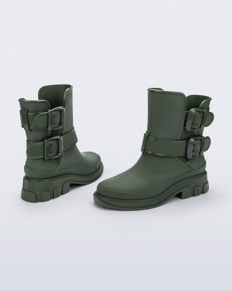Back and angled view of a pair of green Bang Boots with two side buckles