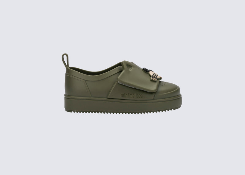 Side view of an green Jelly Pop Safari baby sneaker