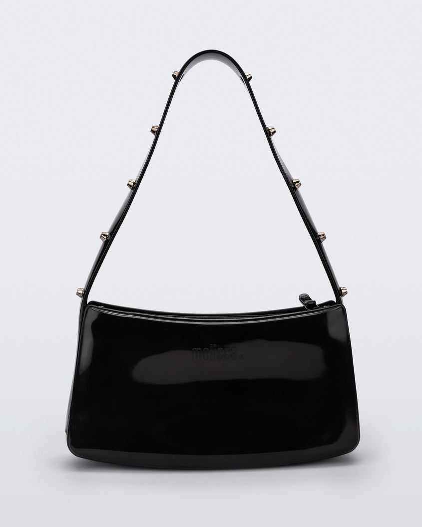 Front view of the black Melissa Baguete Studs bag with a short studded strap.