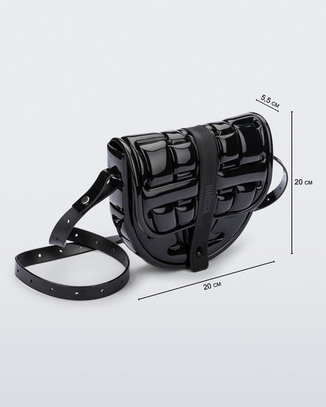 Front view of a black Possession Bag with dimensions 20 cm length, 5.5 cm witdh, 20 cm height
