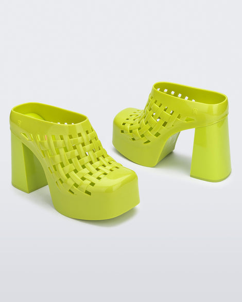 Angled view of a pair of green Clog Boots + Marshall Columbia with the shaft removed