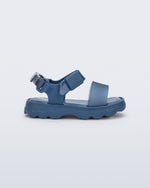 Side view of a blue baby Kick Off Sandal