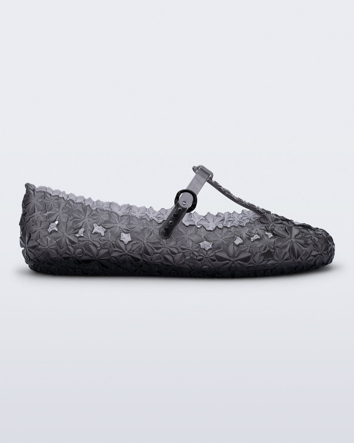 side view of a clear black Melissa + Susan Fang Daphnis Ballerinas with t-top strap