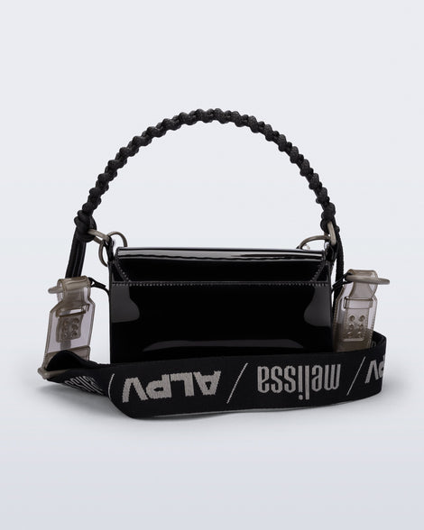 Back view of an black Olga Bag + Alexandre Pavao with short strap fabric long strap