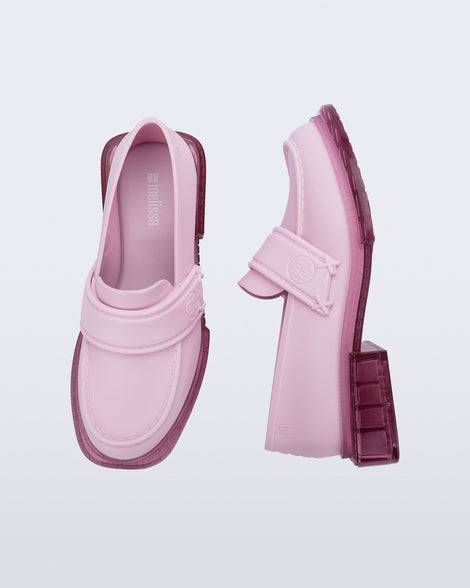 Top and side view of a pair of pink Spencer loafers with clear pink soles
