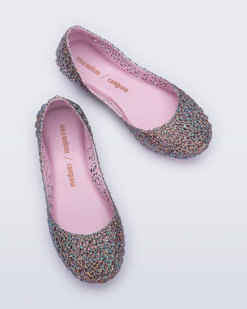 Top view of a pair of pink multicolor glitter Campana kids flats