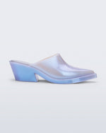 Side view of a pearly blue Texas Mule heel