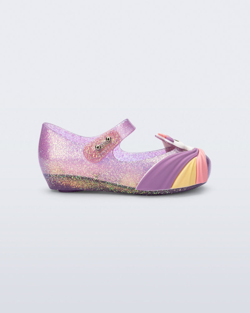 Side view of a glitter lilac baby Ultragirl Unicorn flat
