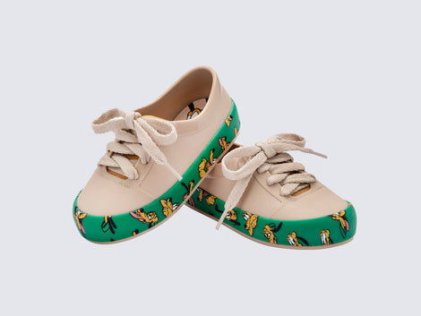 Angled view of a pair of beige/green Street Mickey & Friends baby sneaker with beige shoe laces