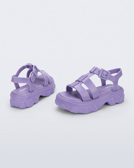 Back and side view of a pair of lilac Ella kids sandals