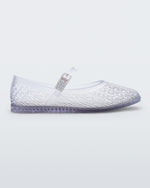 Side view of a clear Harper ballerina flat with top strap with buckle