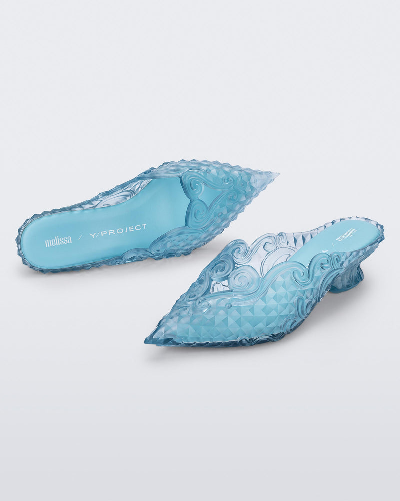Top and angled view of a blue Court Shoe + Y/Project mule kid heels