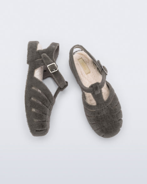 Top and side view of a pair of grey fuzzy Possession Warm fisherman sandals with beige insoles