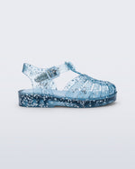 Side view of a blue Possession Elements baby sandal with glitter hearts