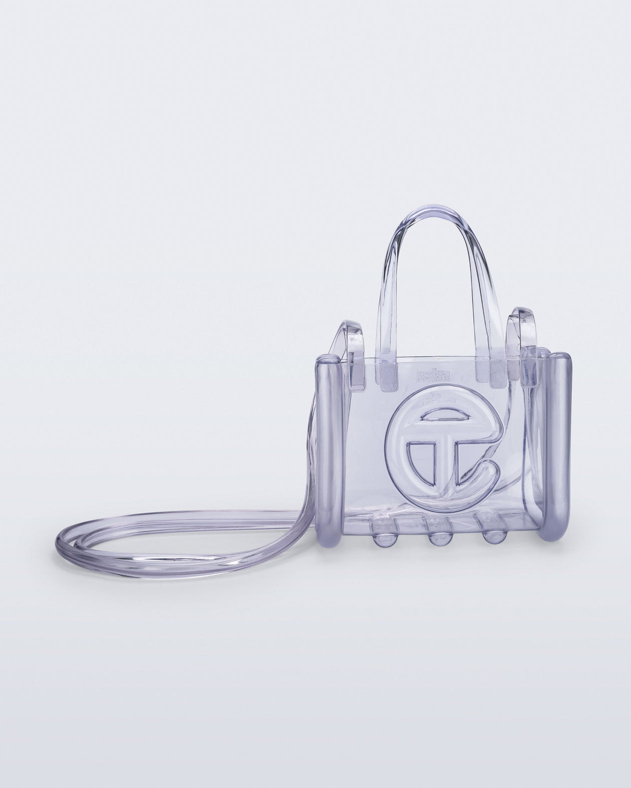 Front view of the clear Small Jelly Shopper x Telfar bag