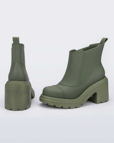 Back and side view of a pair of green Courtney Boots