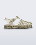 Side view of a yellow Possession kids sandal with heart glitter