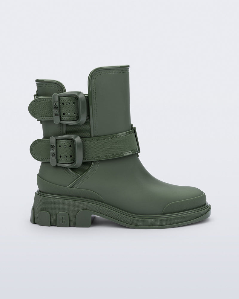 Side view of a green Bang Boot with two side buckles