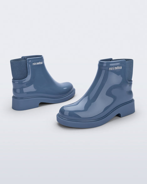 Back and side view of a pair of blue Chelsea II kids boots