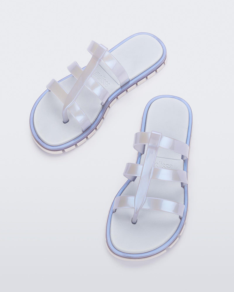 Top view of a pair of pearly blue Path adult sandals with blue sole