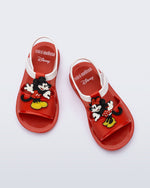 Top view of a pair of red Play Mickey & Minnie sandals with white straps