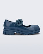 Side view of a blue June mary jane with matte toe cap