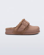 Side view of a brown Cozy Warm clog with fuzzy insole
