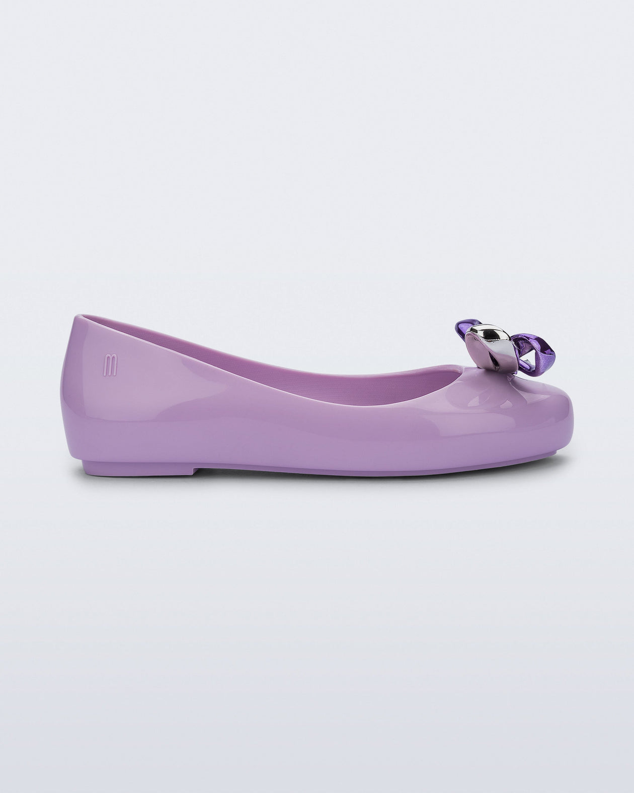 Side view of a purple Sweet Love Glam kids ballerina flats with bow