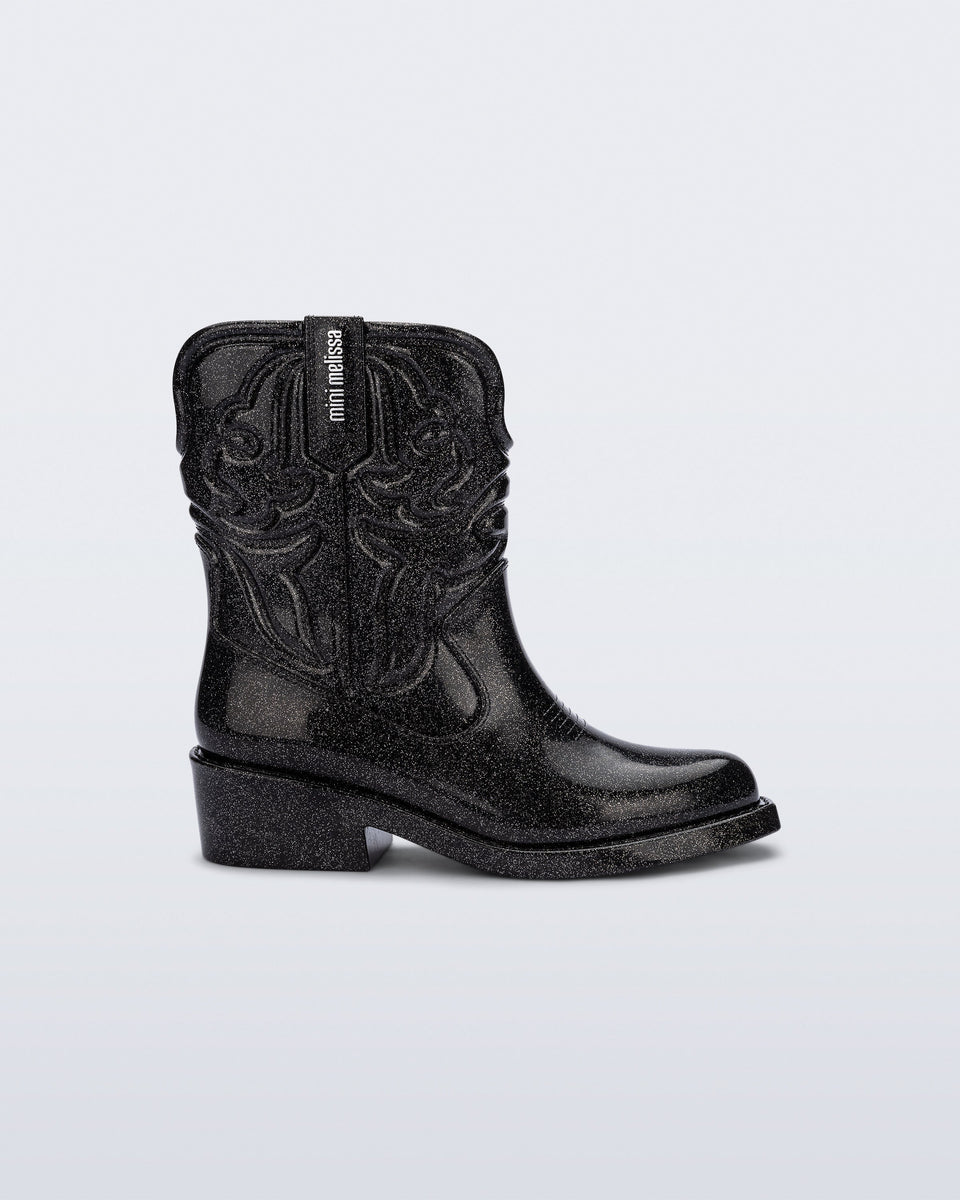 Texas Boot in Black Glitter for Kids | Mini Melissa Shoes US