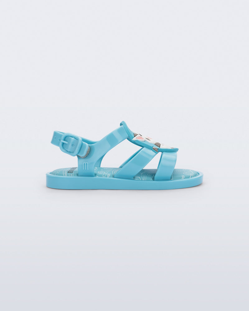 Side view of a blue Colorland Moana baby sandal