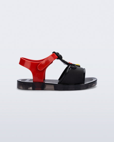 Side view of a black Play Mickey & Minnie sandals with red straps