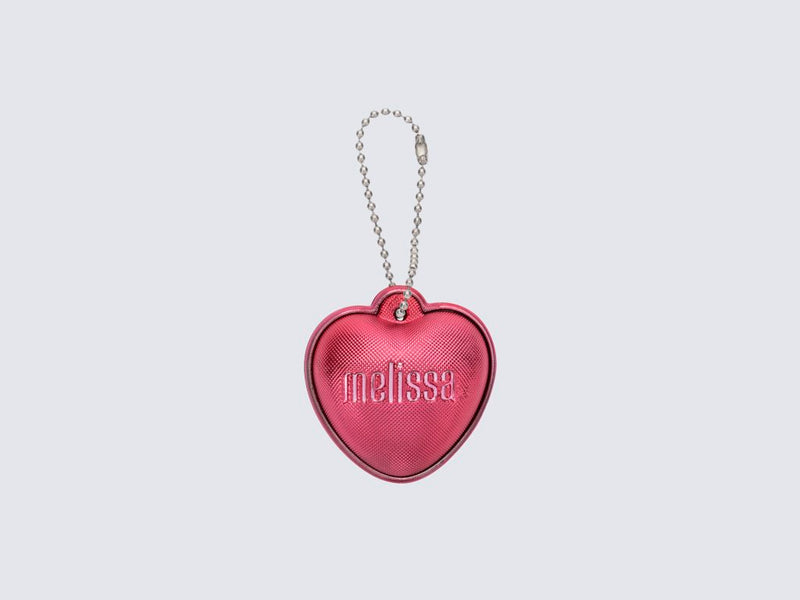 Small metallic pink heart keychain with Melissa logo