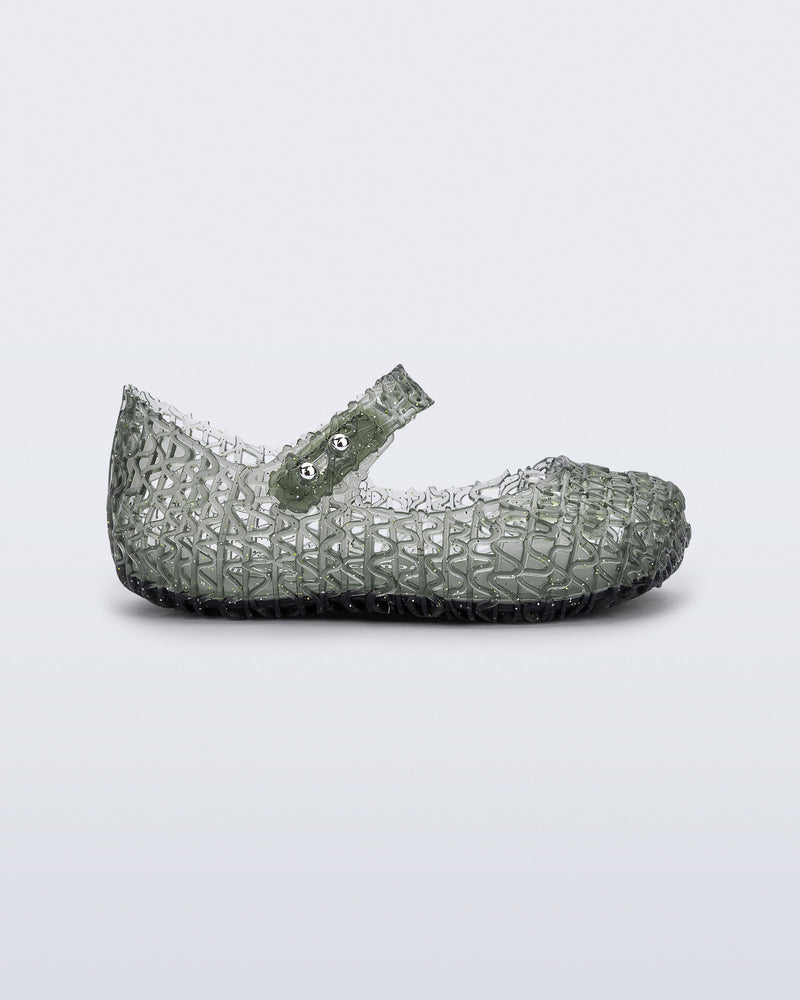 Side view of a glitter green Campana baby flat