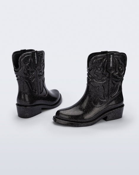 Back and side view of a pair of glitter black Texas kids boots